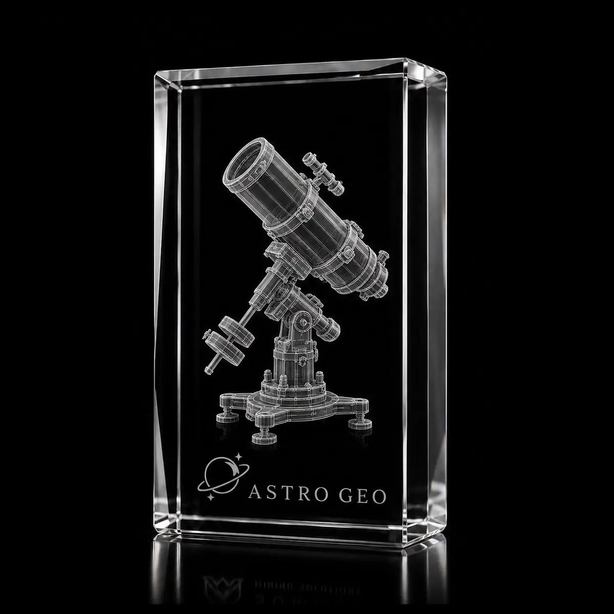 3D telescope laser engraved inside a clear portrait crystal award, custom astronomy trophy with 360-degree display.