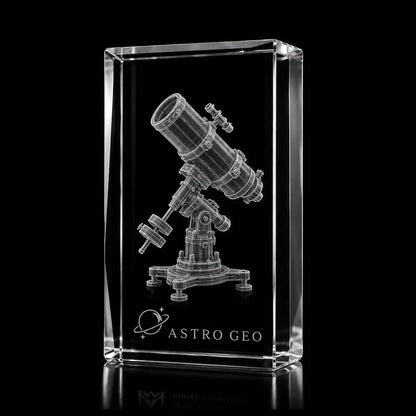 3D telescope laser engraved inside a clear portrait crystal award, custom astronomy trophy with 360-degree display.