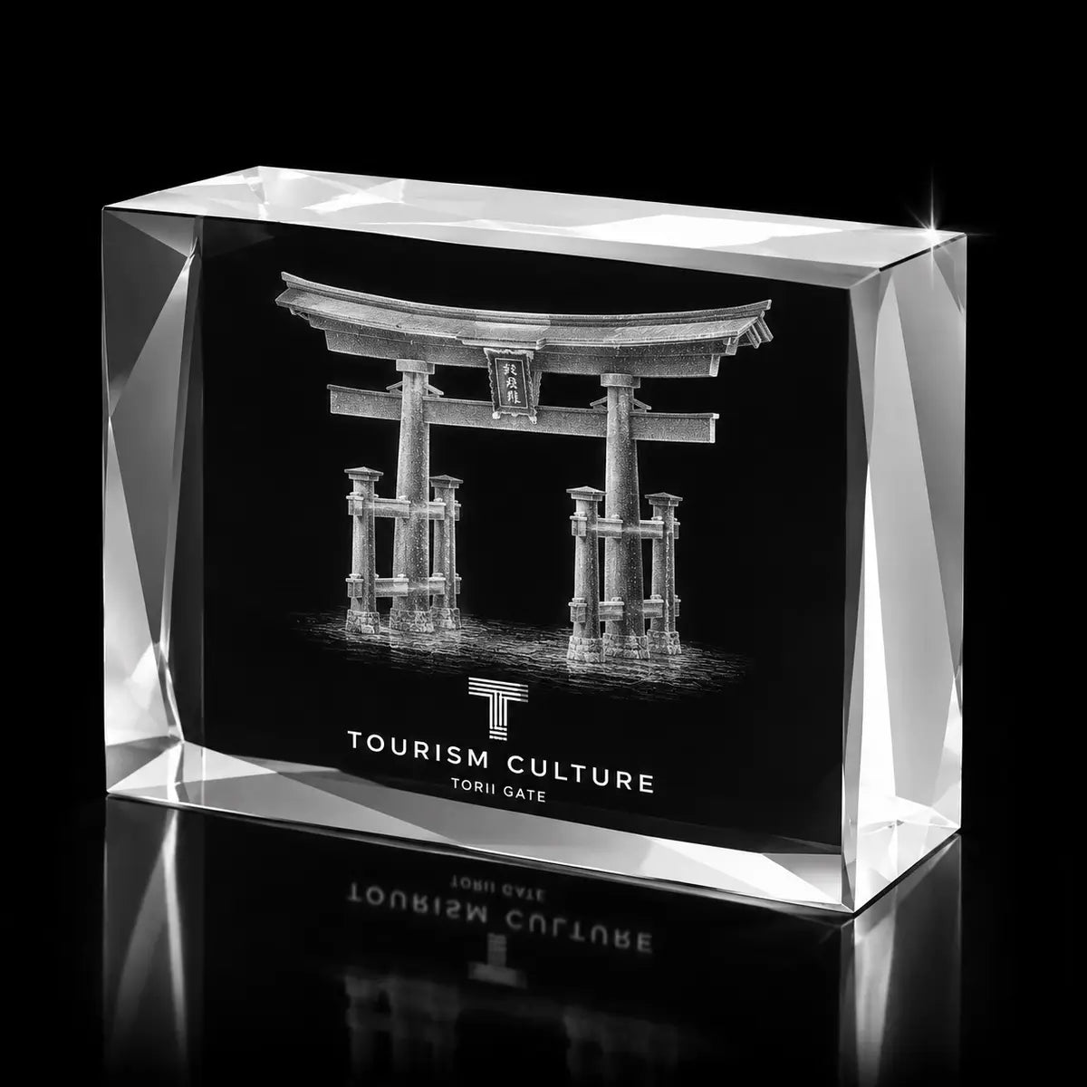 3D torii gate laser engraved inside a clear faceted landscape crystal award, custom tourism culture trophy with 360-degree display.