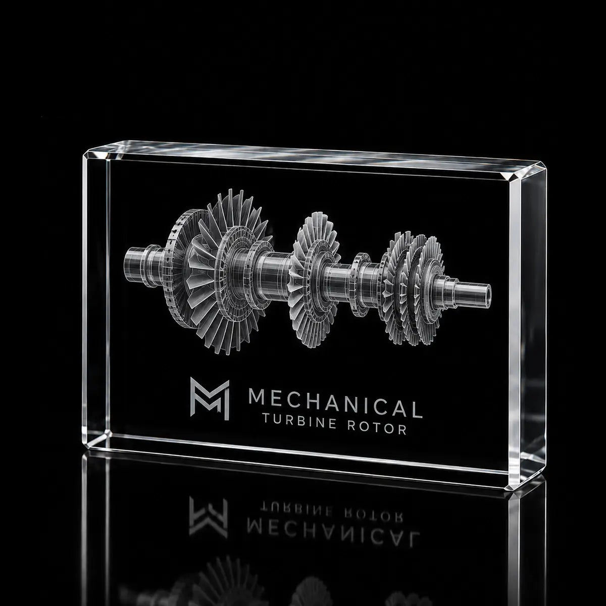 3D turbine rotor model laser engraved inside a clear landscape crystal award, custom mechanical engineering trophy with 360-degree display.
