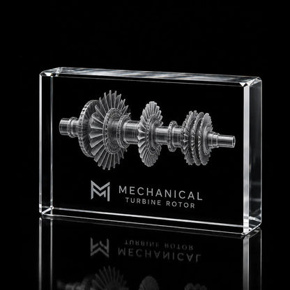 3D turbine rotor model laser engraved inside a clear landscape crystal award, custom mechanical engineering trophy with 360-degree display.