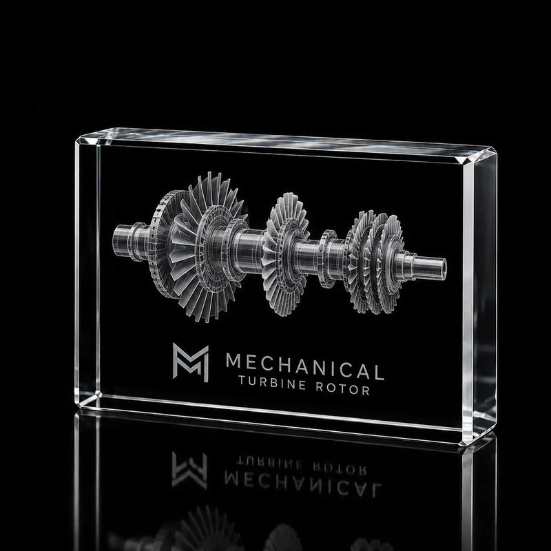 3D turbine rotor model laser engraved inside a clear landscape crystal award, custom mechanical engineering trophy with 360-degree display.