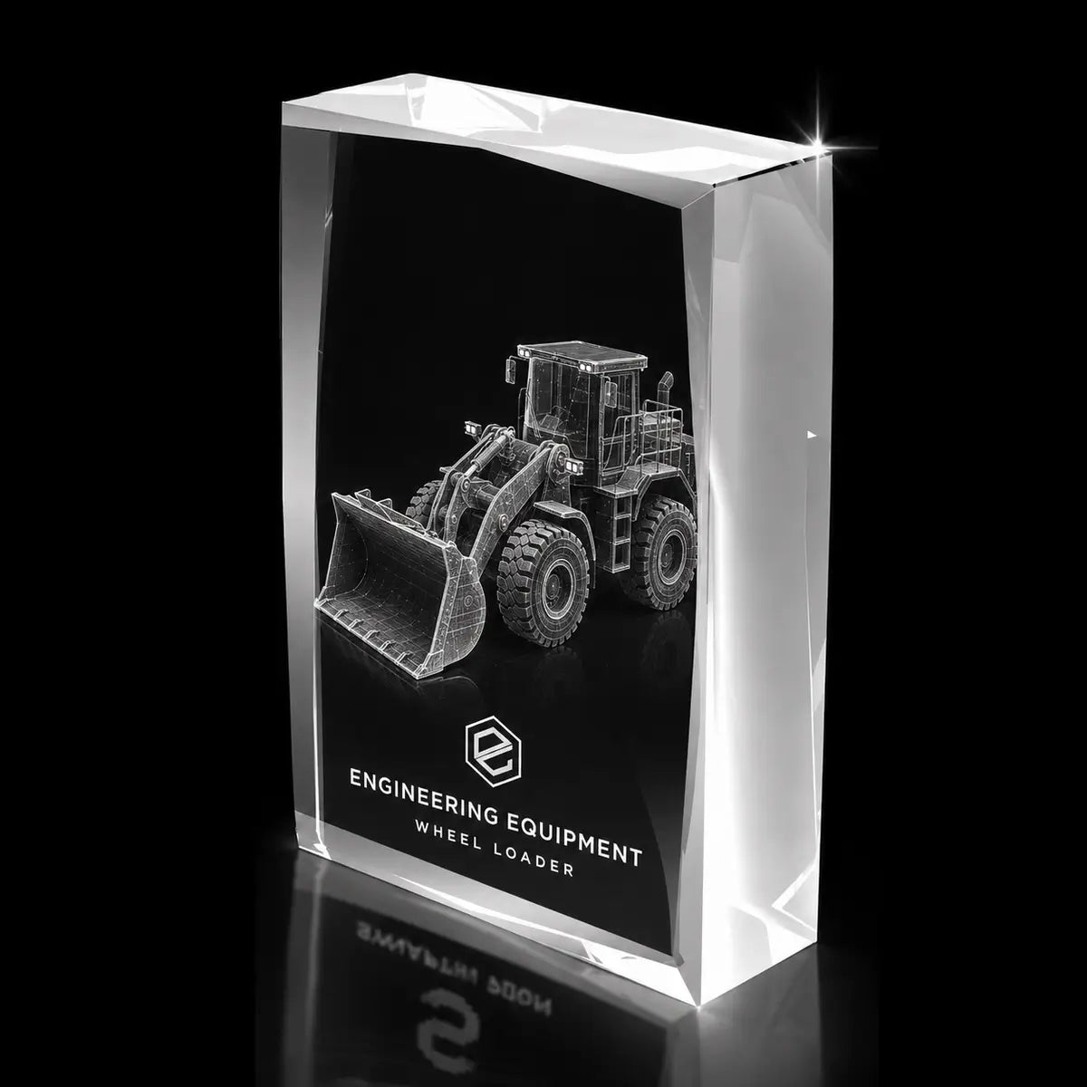 3D wheel loader laser engraved inside a clear faceted portrait crystal award, custom engineering equipment trophy with 360-degree display.