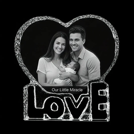 Personalised 3D laser engraved love heart crystal anniversary gift with custom photo inside, elegant crystal keepsake