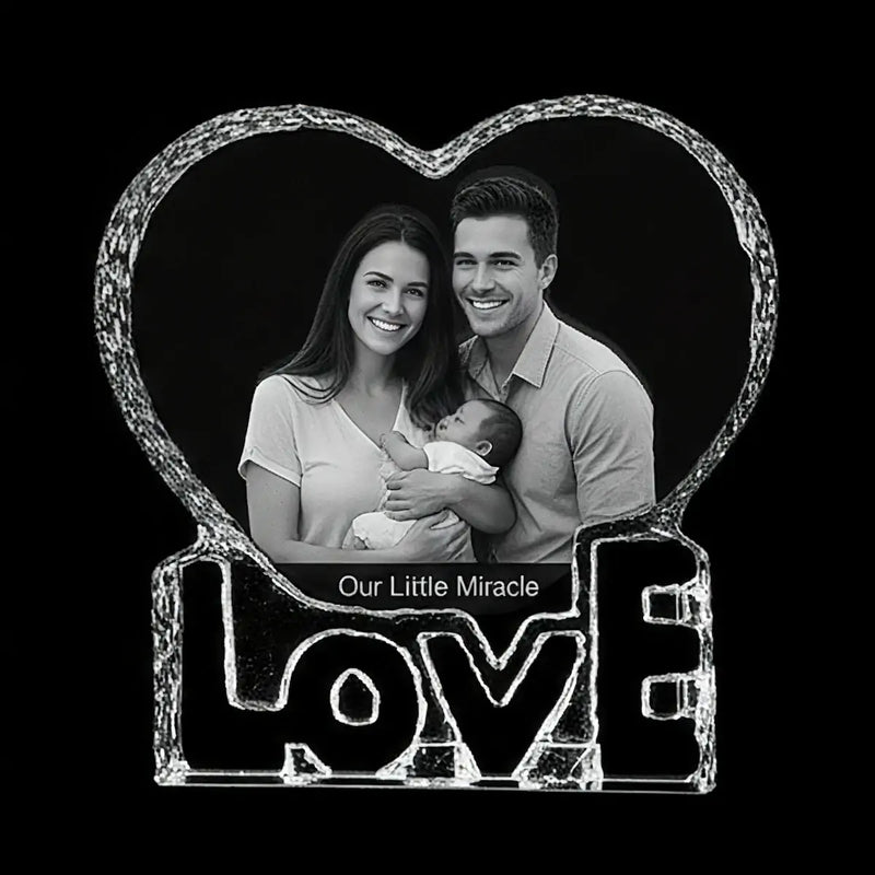 Personalised 3D laser engraved love heart crystal anniversary gift with custom photo inside, elegant crystal keepsake