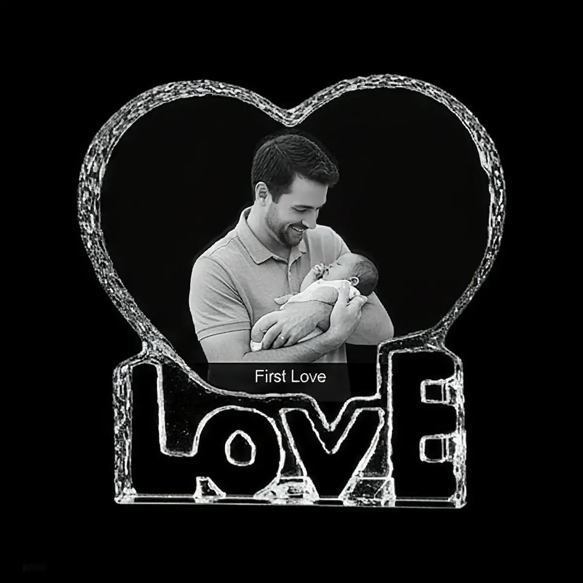 Personalised 3D laser engraved love heart crystal baby gift with custom photo inside, premium crystal keepsake
