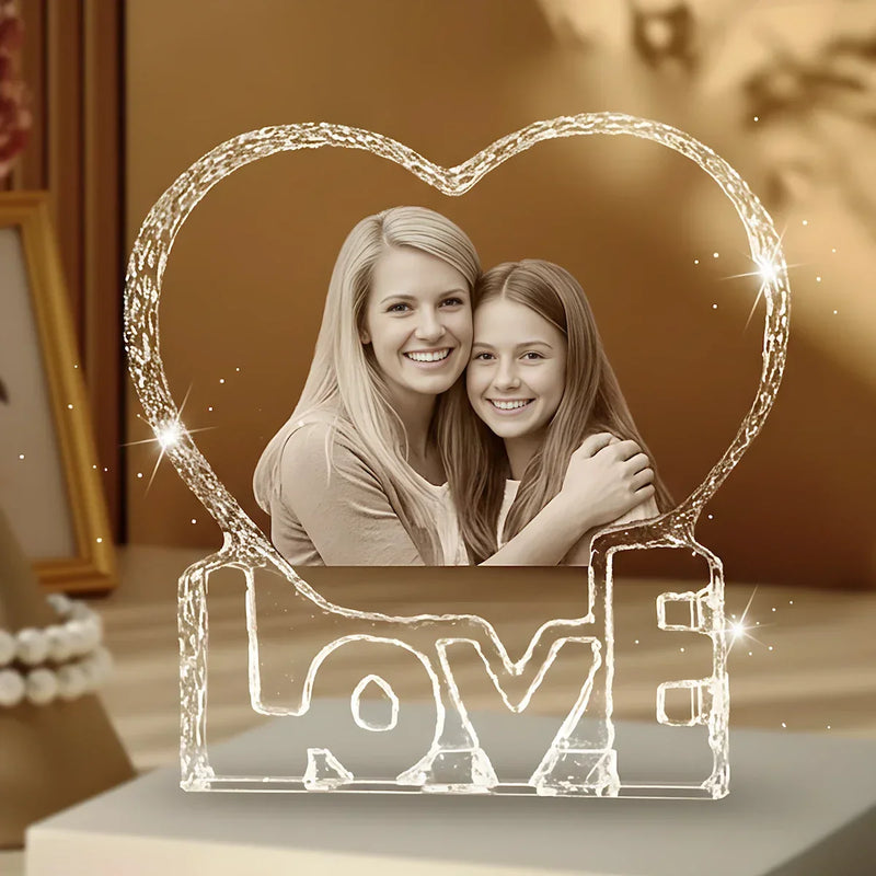 Custom 3D laser engraved crystal heart gift for mother, personalised photo crystal keepsake