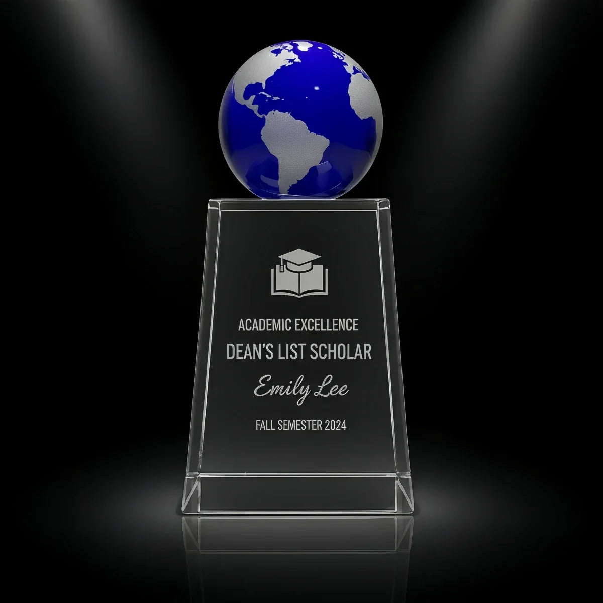 Elegant blue globe award for outstanding student achievement.