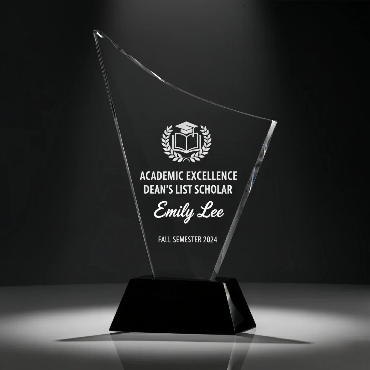 Elegant curve-shaped trophy for top-performing students.