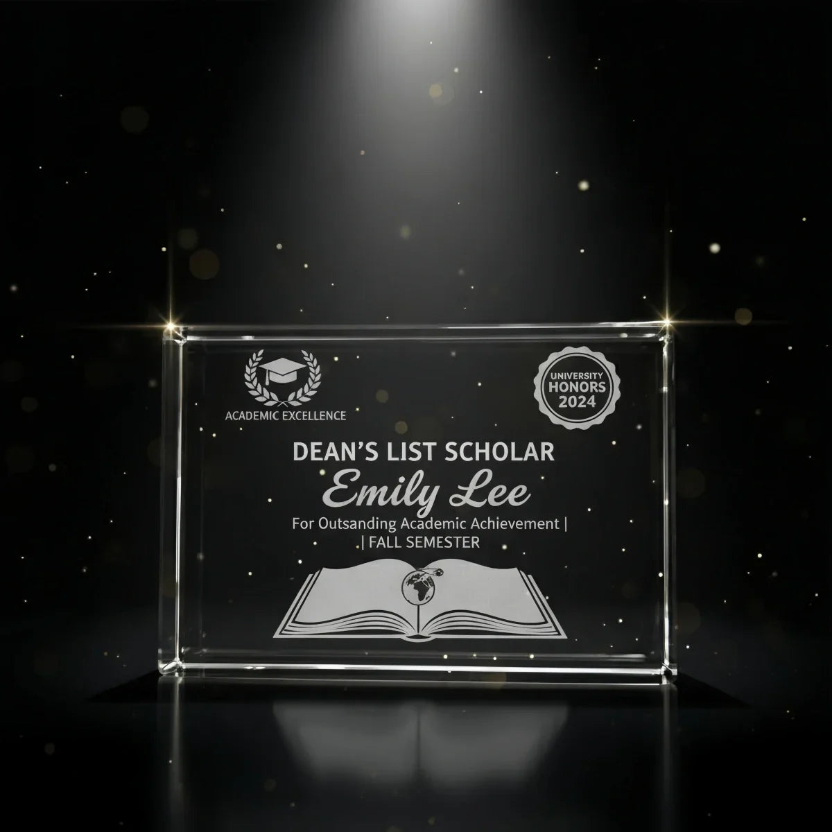 Horizontal landscape crystal award for academic excellence.