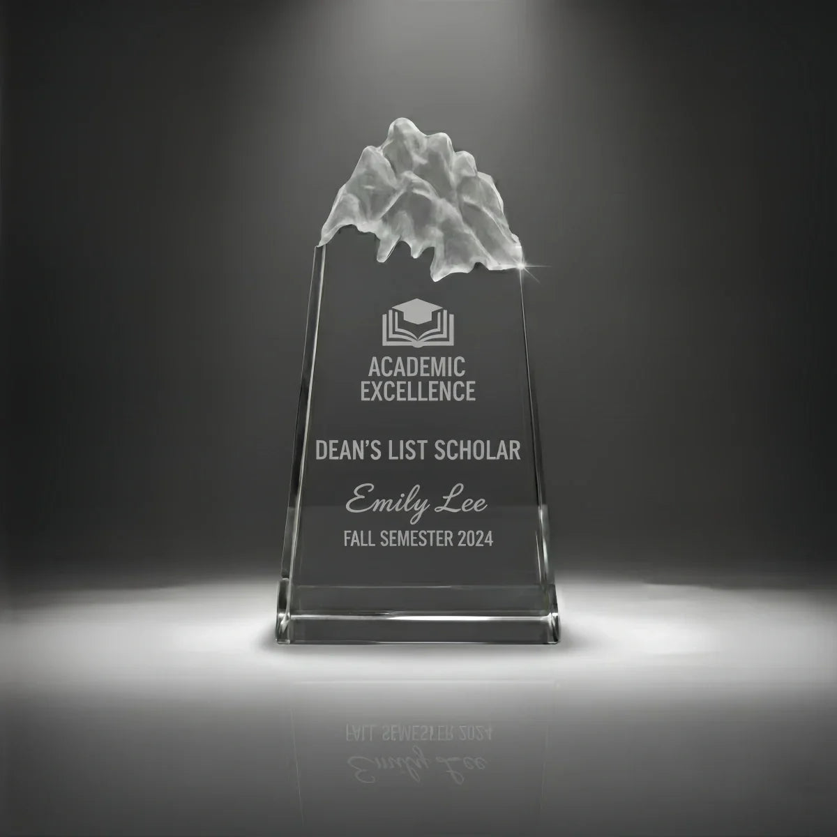 Custom peak trophy recognising top student achievement.