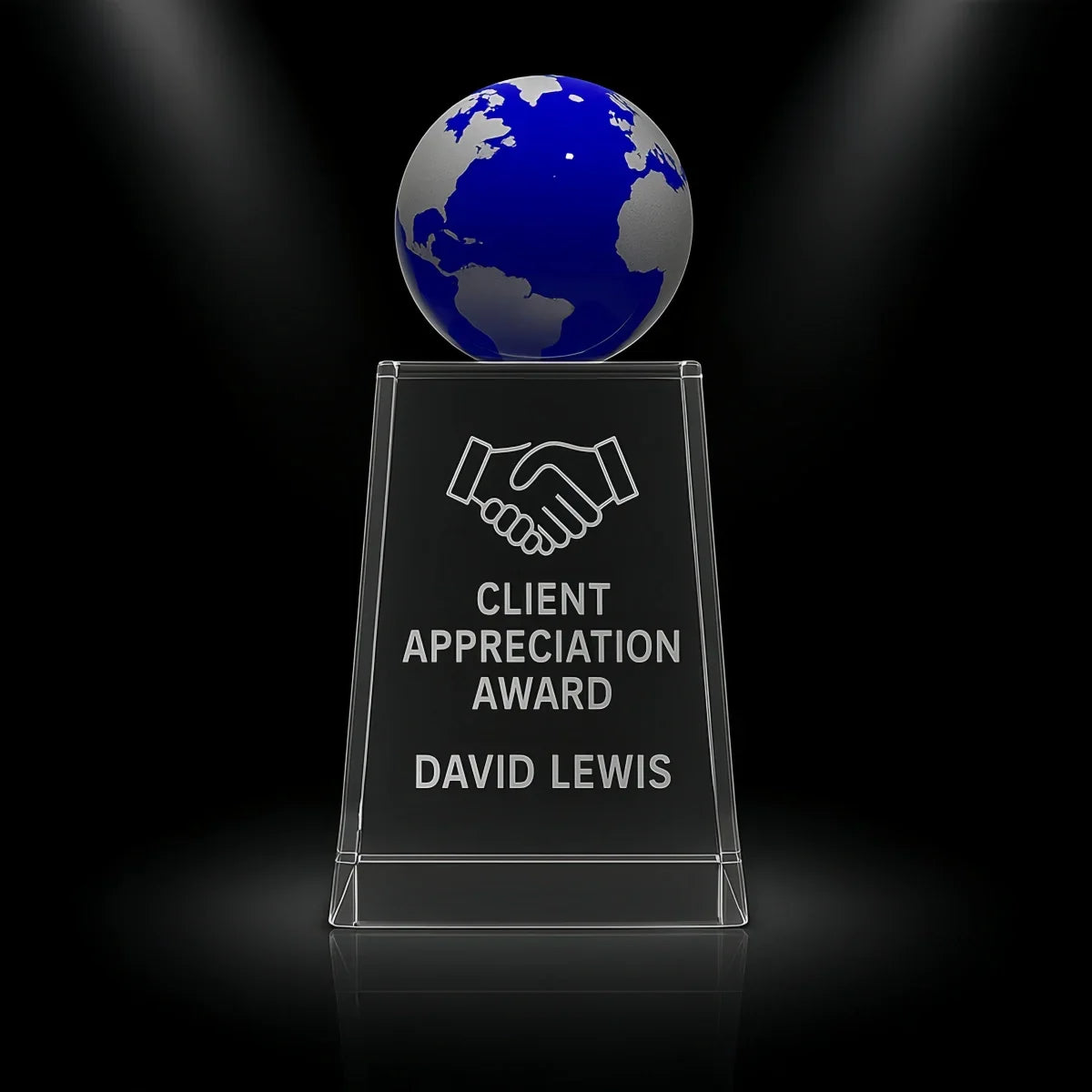 Blue Globe crystal award — elegant client appreciation gift.