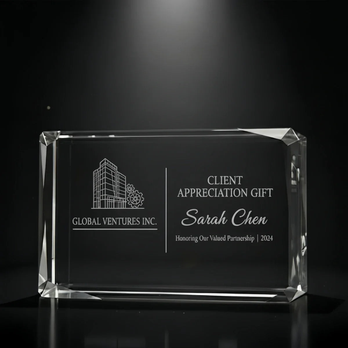 Personalised faceted landscape plaque for valued business partners.