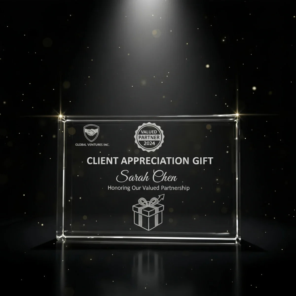 Personalised landscape-shaped plaque for business appreciation.