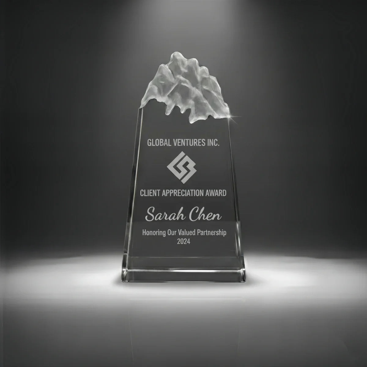 Custom engraved peak-shaped award for commemorative events