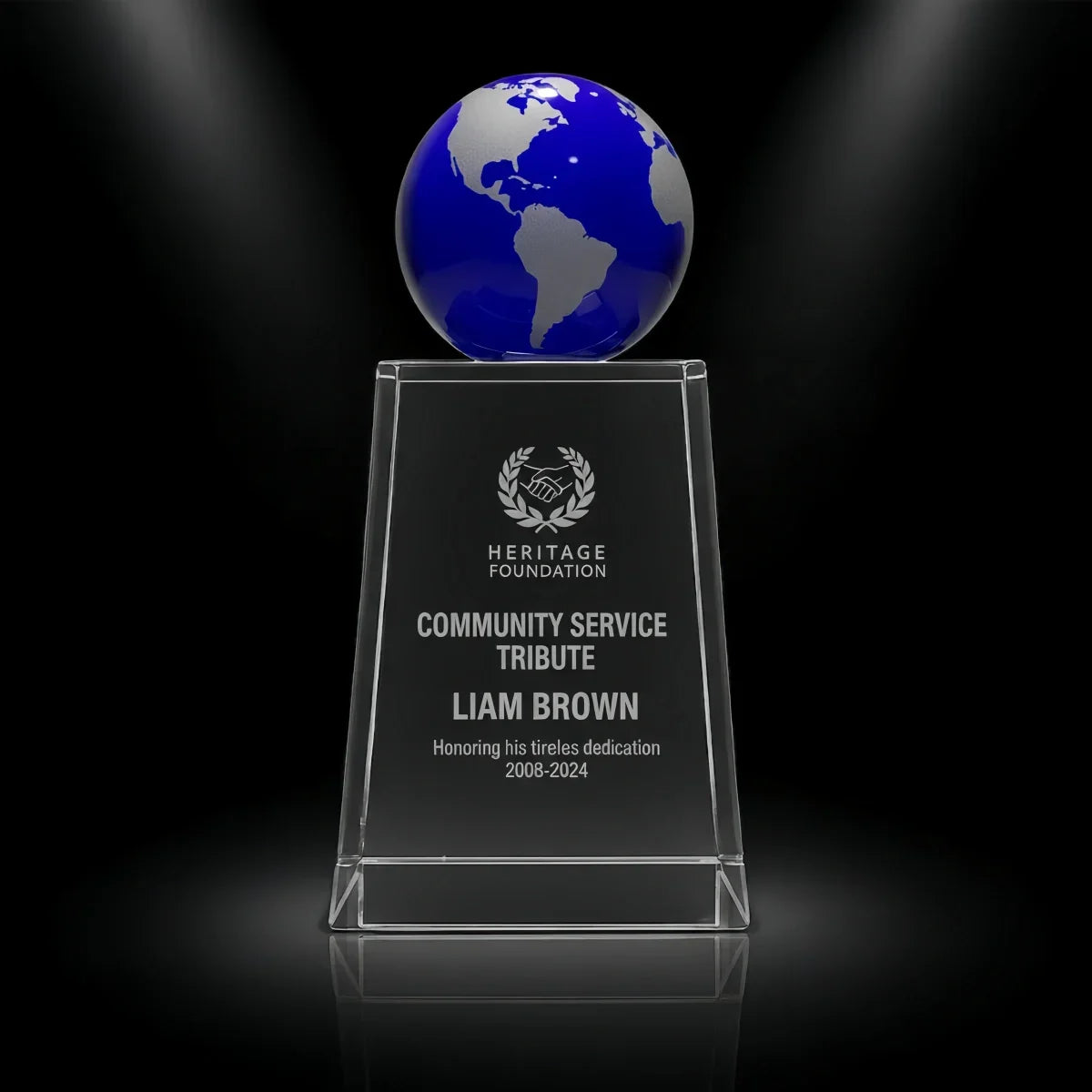 Blue globe crystal plaque for commemorative and memorial occasions