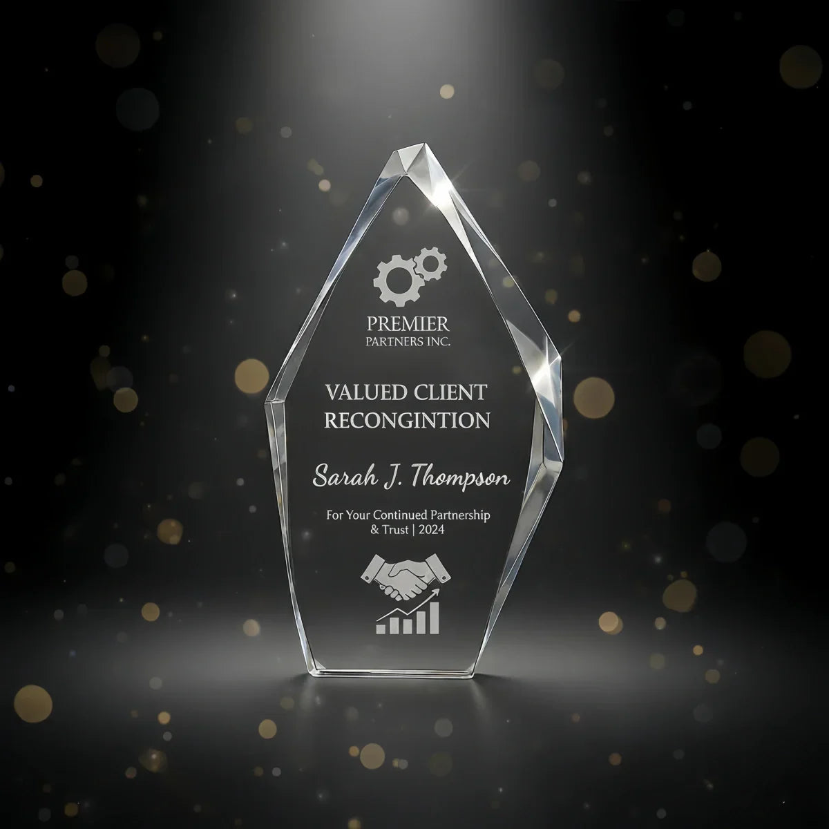 Custom iceberg-shaped crystal plaque symbolising strength.