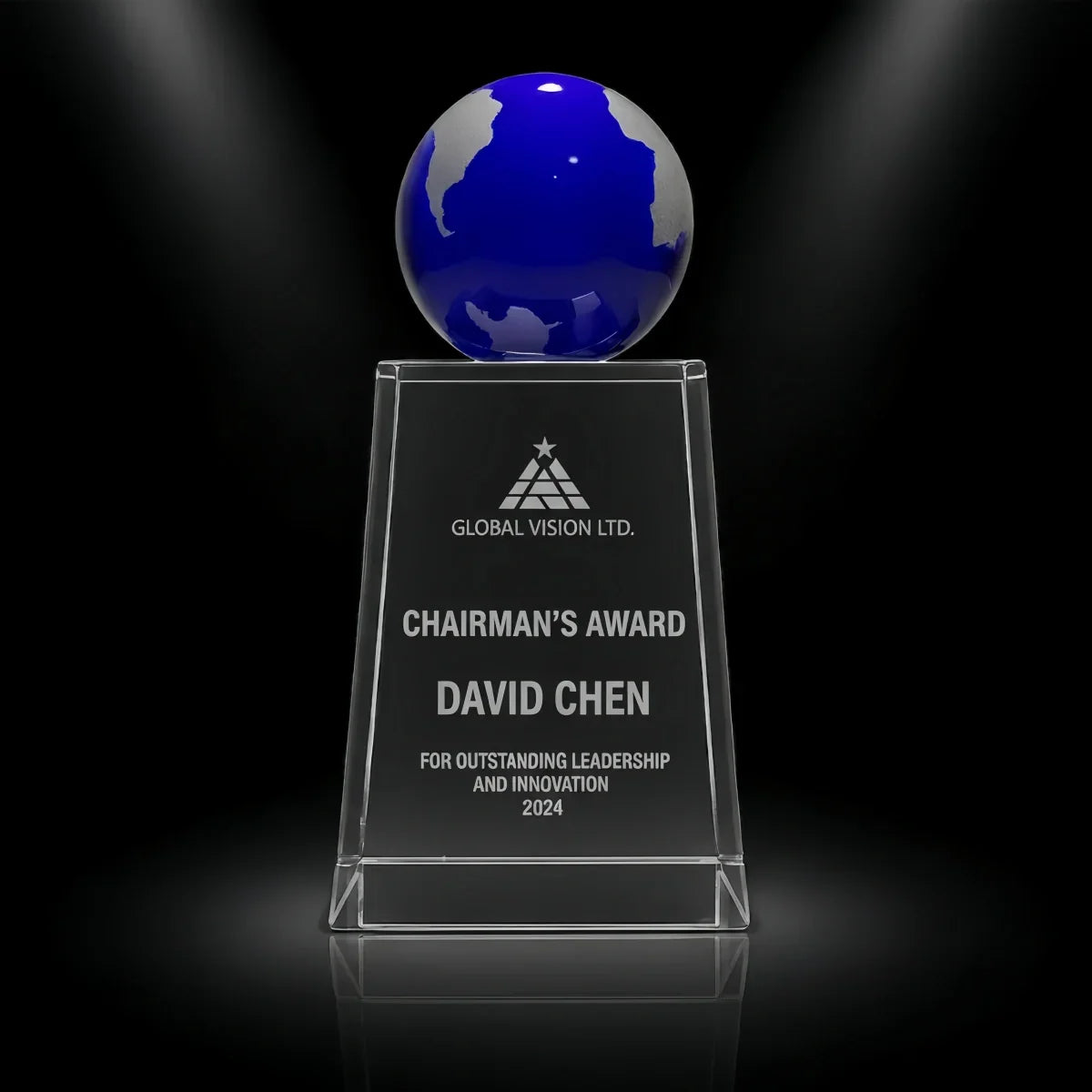 Custom engraved blue globe plaque for company appreciation events