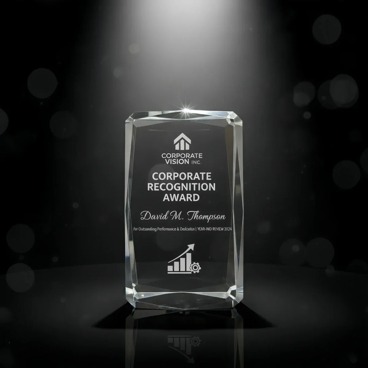 Diamond-cut faceted cube award for company recognition events