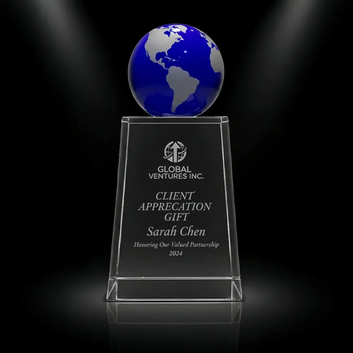 Blue globe crystal corporate gift symbolizing global business success