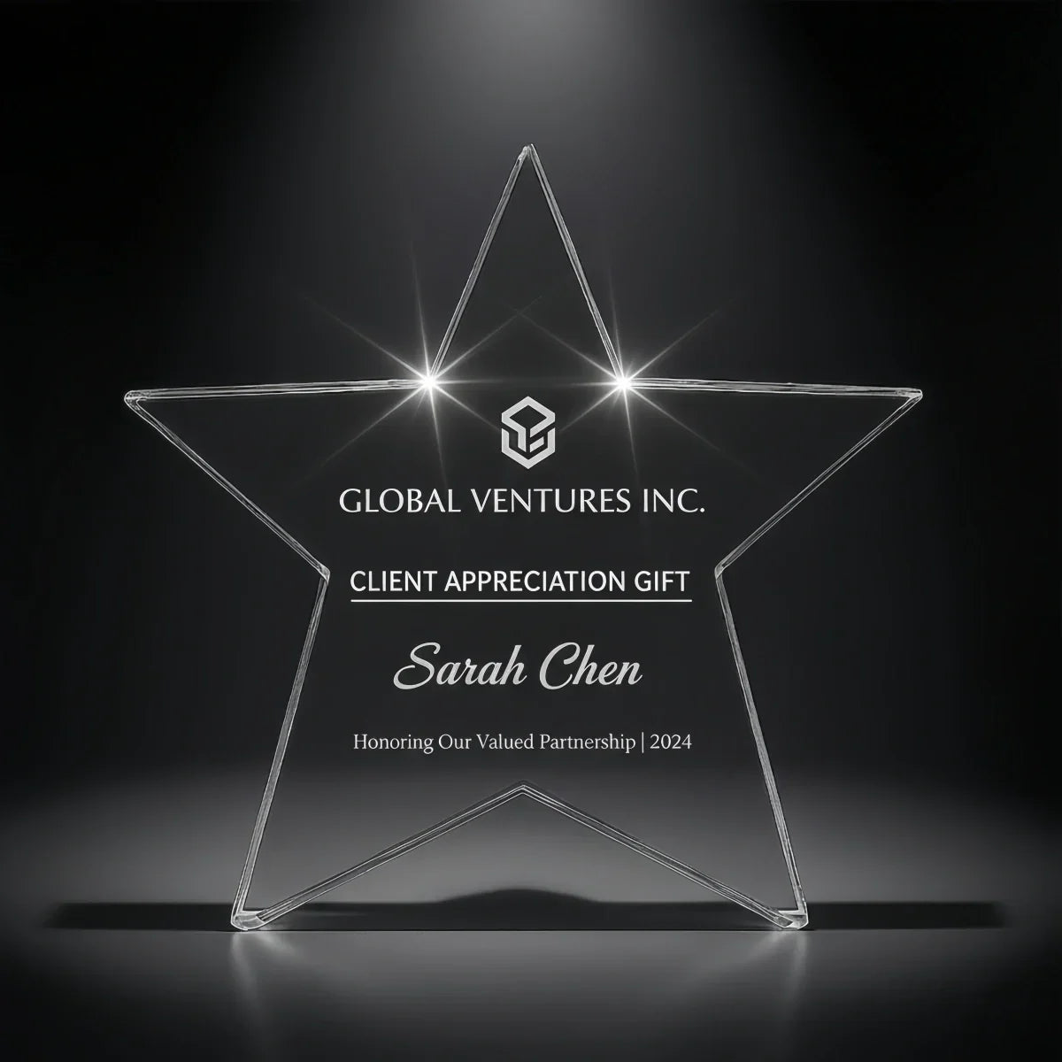Custom engraved star crystal gift for business partners and clients