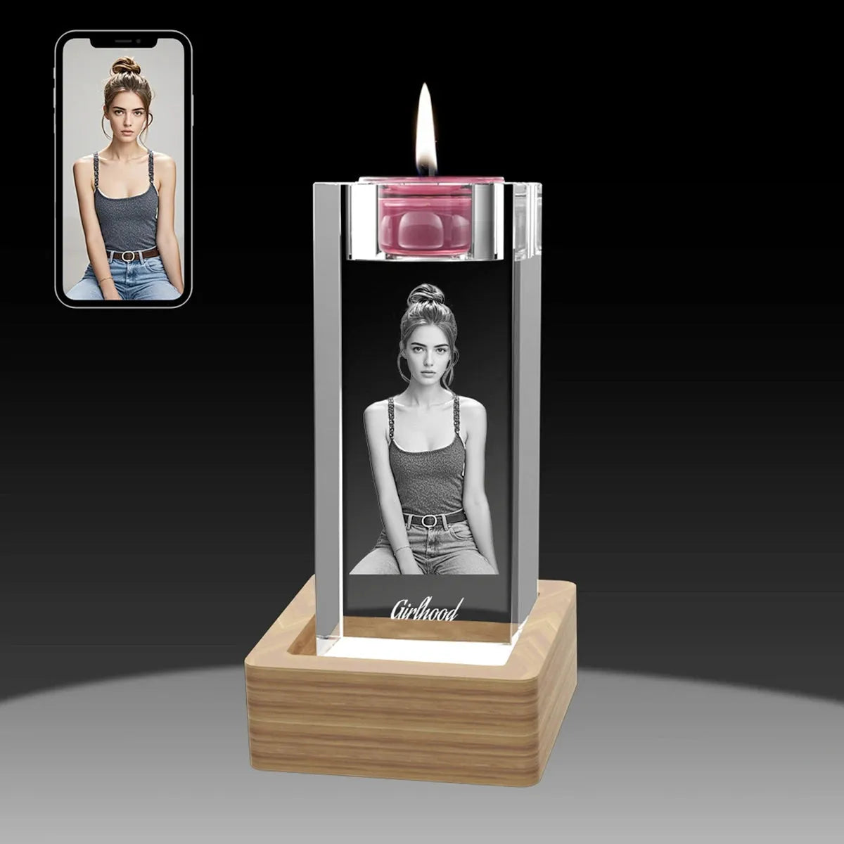 Crystal candle stick with photo engraving on black background – made in Australia, free shipping