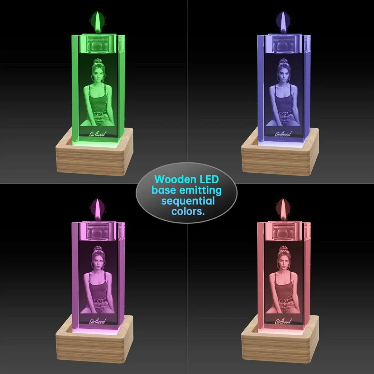 Crystal candle stick glowing under multicolour LED lights – Australian made, custom photo engraving