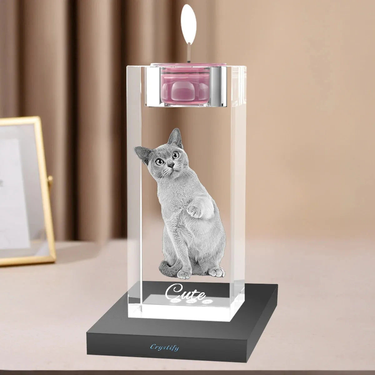 Crystal candle stick with plastic LED light base – vibrant light, custom photo, made in Australia