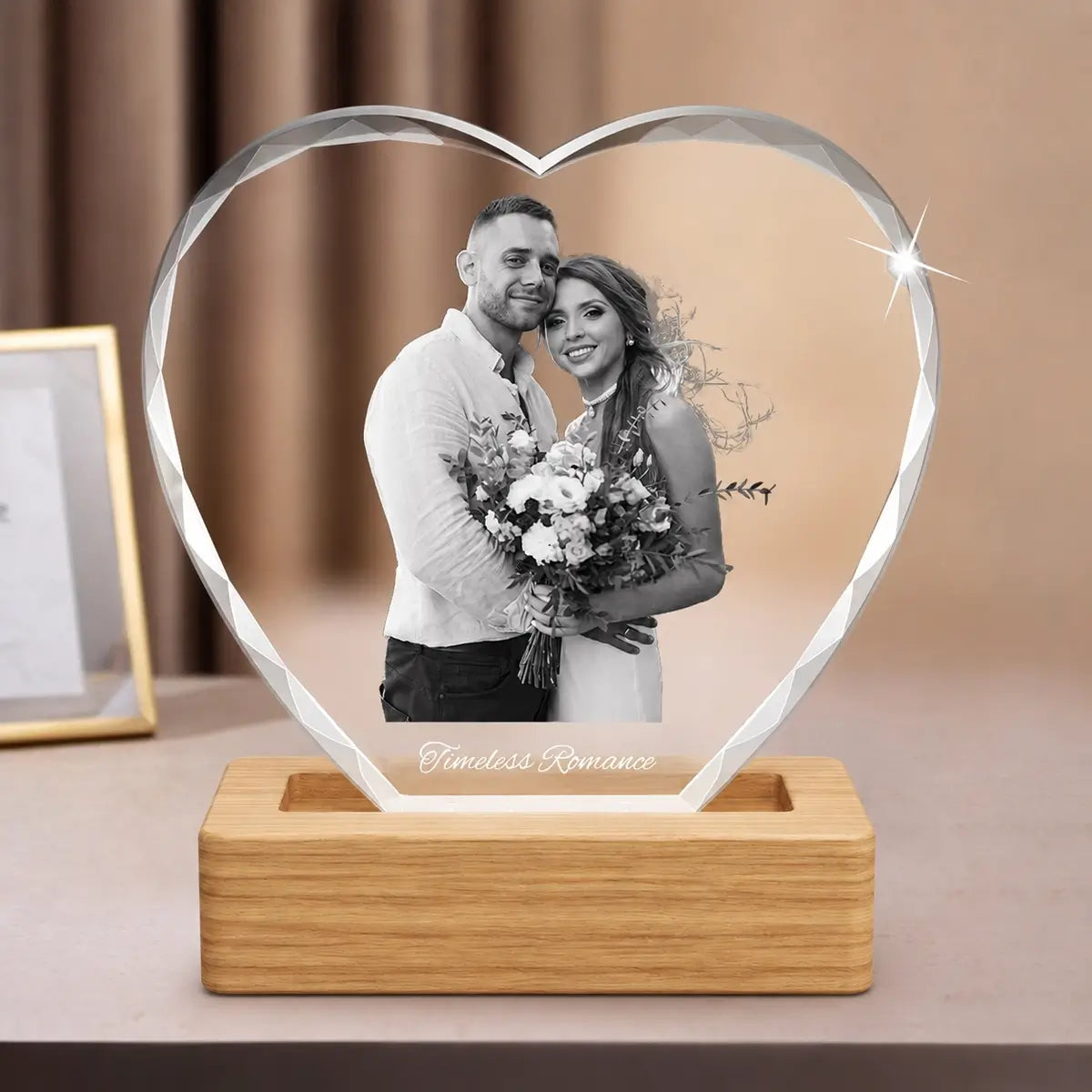 Crystal heart photo gift with diamond cut edge and plastic LED base – personalised and Australian made