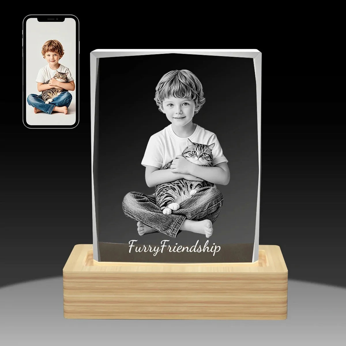 Diamond cut crystal photo frame on black background – personalised and made in Australia, ships free
