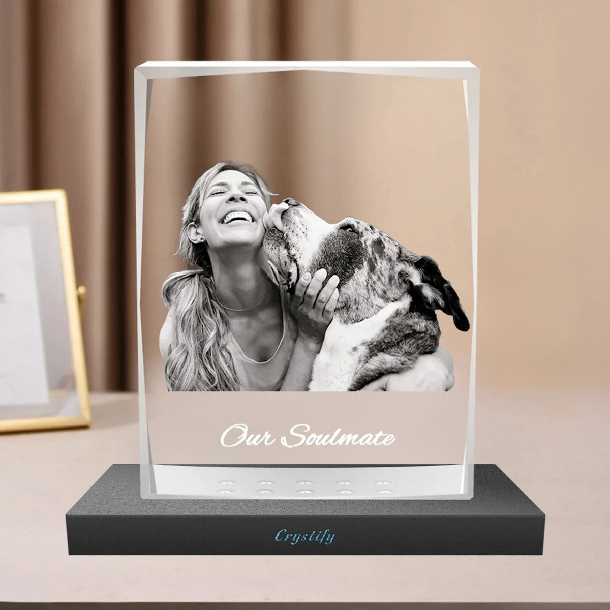 Diamond cut crystal photo frame on black background – personalised and made in Australia, ships free