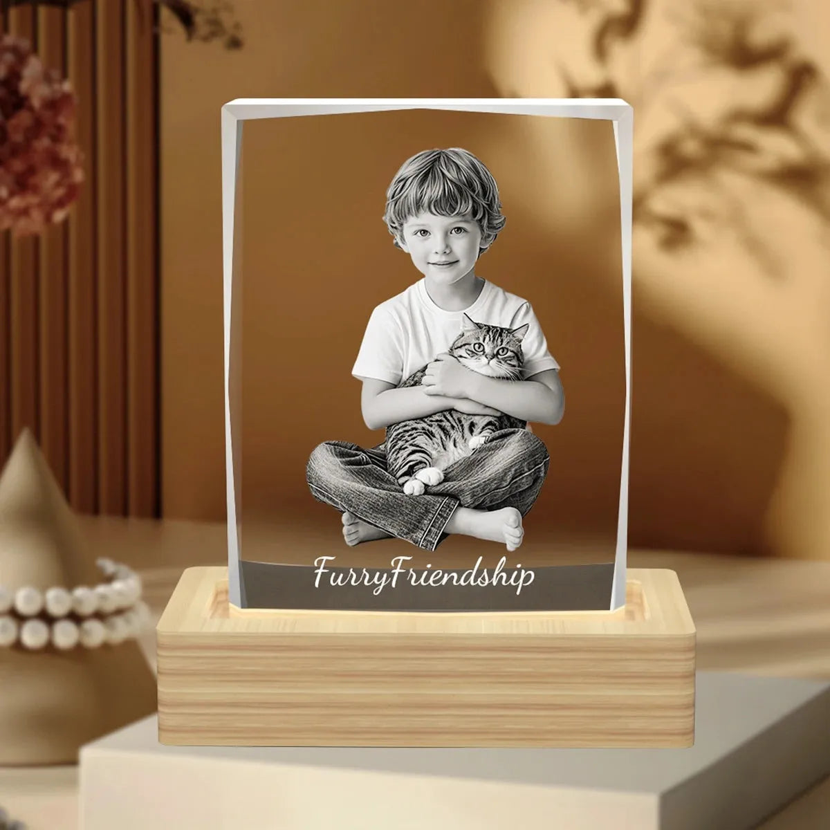 Diamond cut crystal photo frame with wooden LED base – warm glow and elegant edge, Australian made