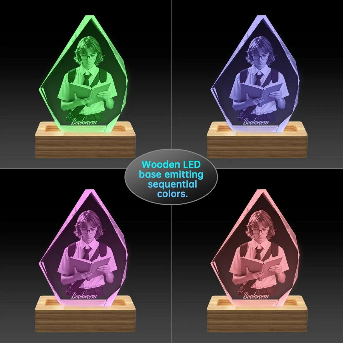 Personalised photo crystal with irregular edges lit by colour-changing LED lights – free shipping