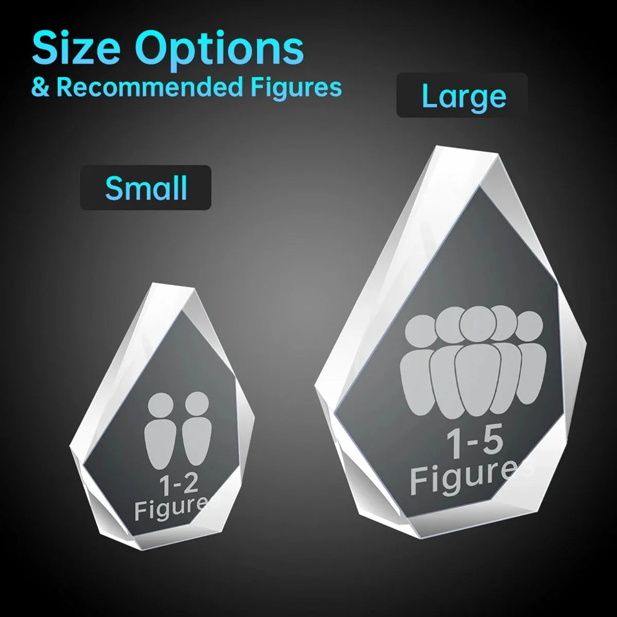 Available sizes for crystal photo gift with iceberg design – personalised, made in Australia, free shipping