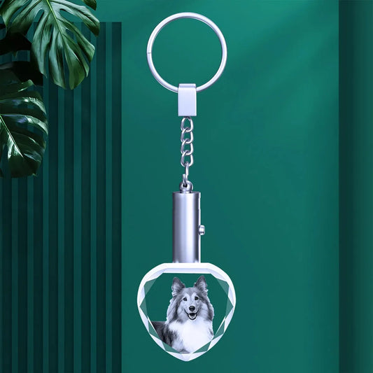 Heart crystal photo keyring on green background – radiant engraved detail, made in Australia