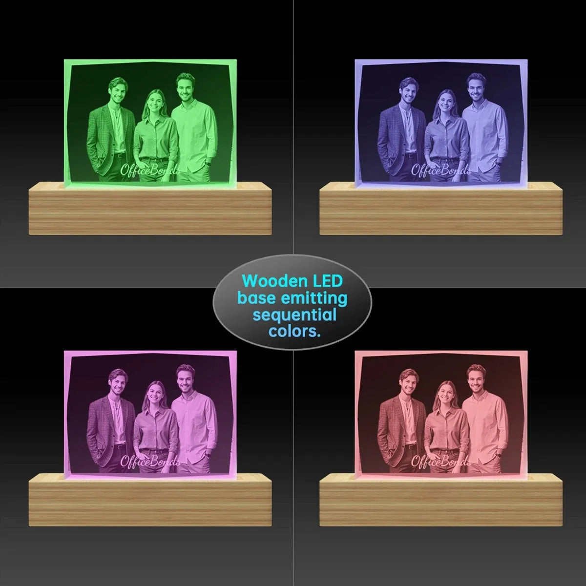 Diamond edge crystal photo frame under LED light – multicolour glow, made in Australia