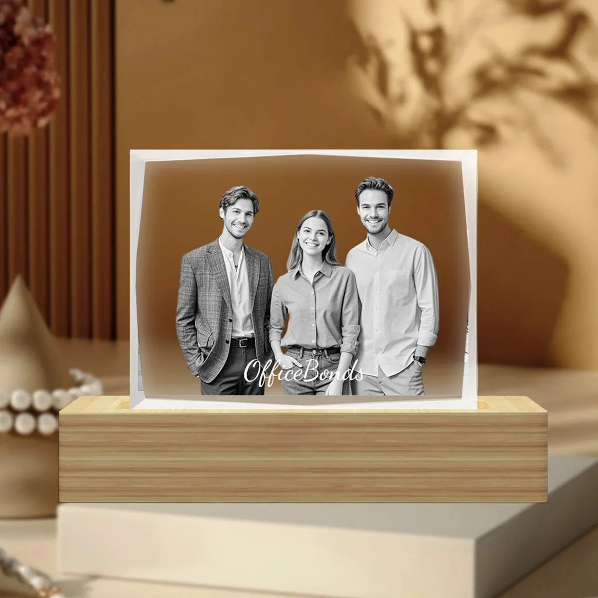 Crystal picture frame with diamond cut and wooden LED base – elegant and personalised, made in Australia