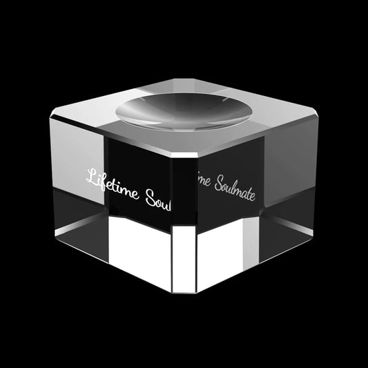 Crystal base with text for crystal ball display - Angled View
