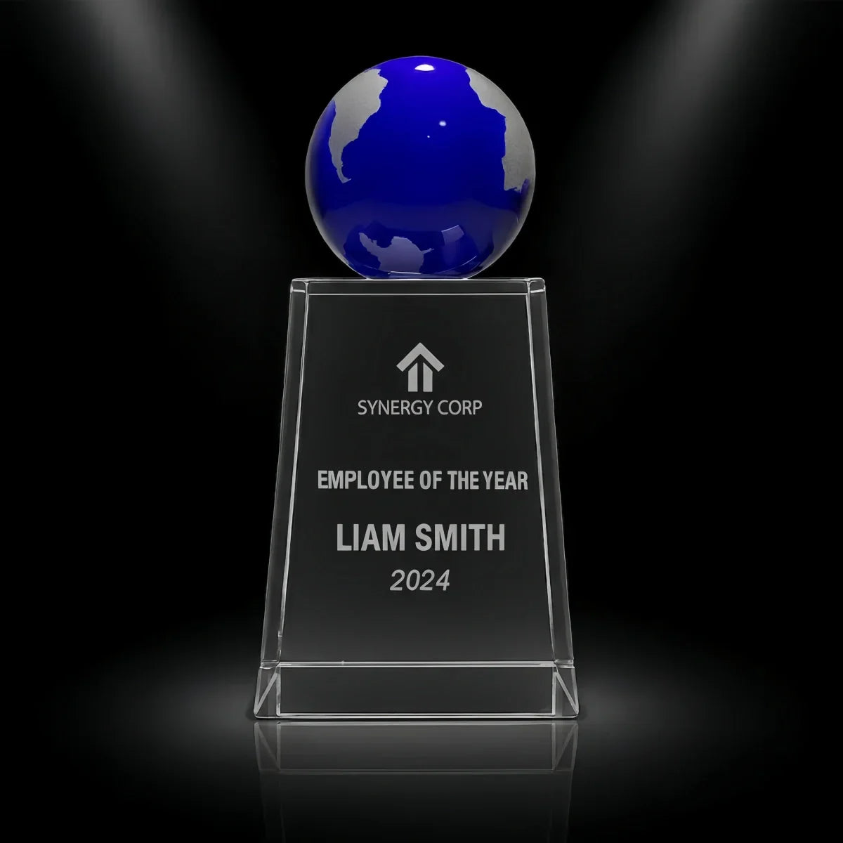 Blue globe crystal award for outstanding employee recognition