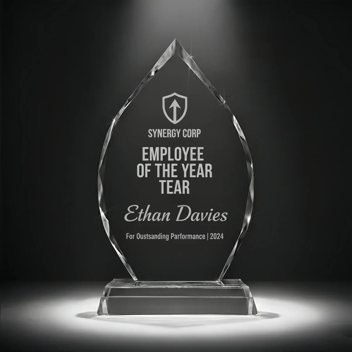 Custom arrowhead-shaped trophy for staff performance recognition