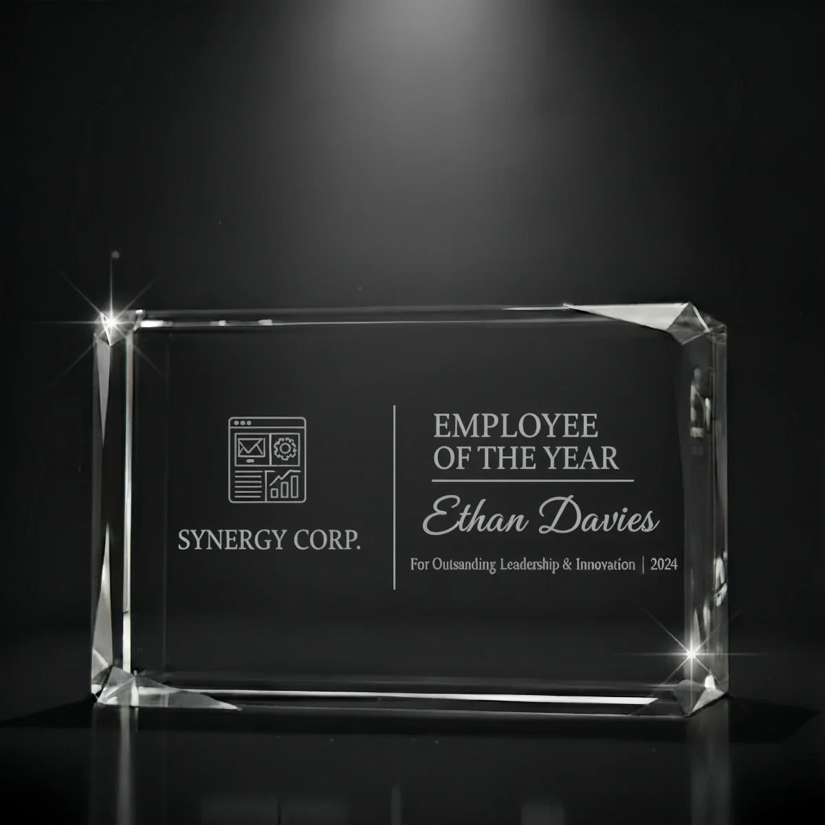 Faceted landscape crystal plaque engraved for employee excellence