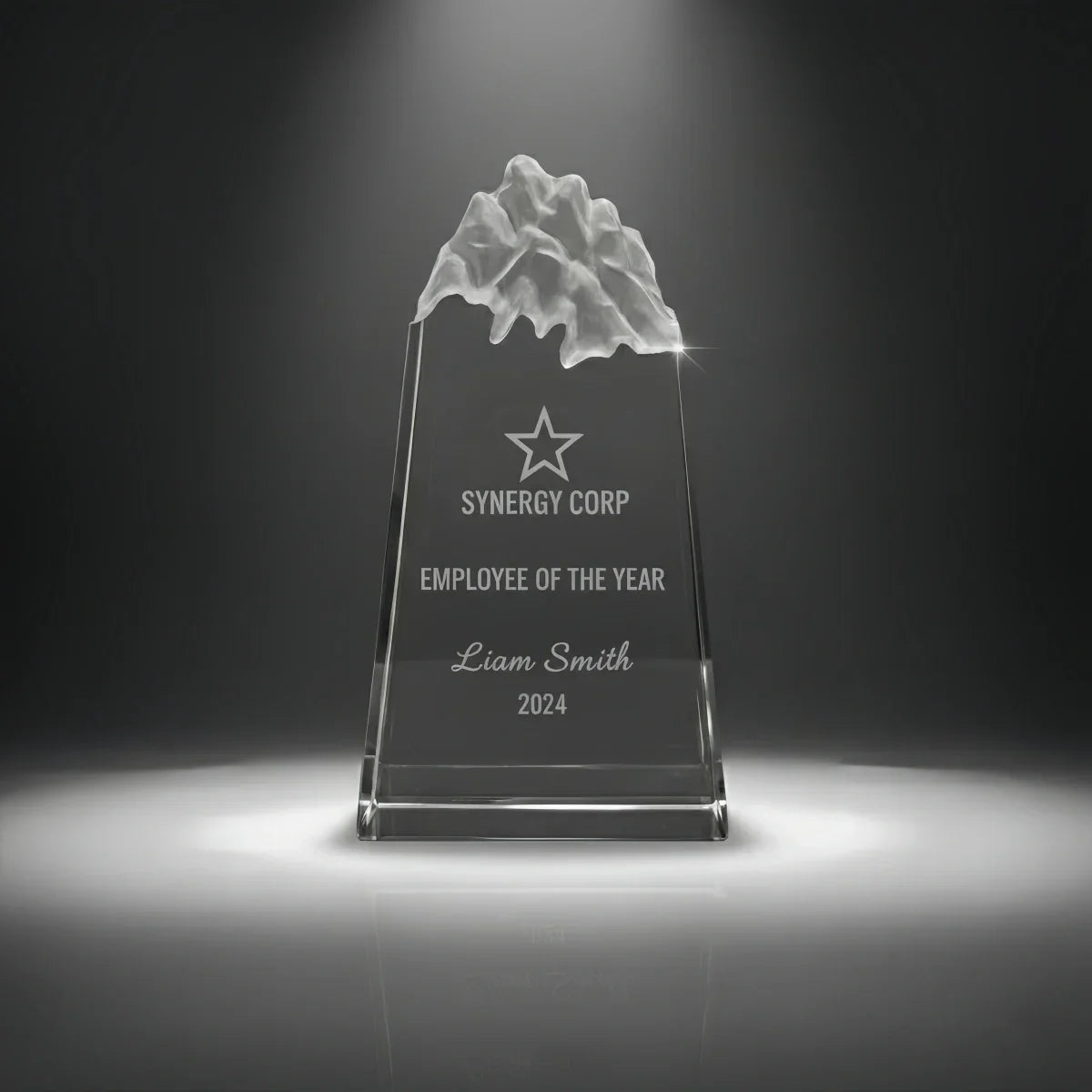 Engraved peak crystal trophy for employee recognition programs