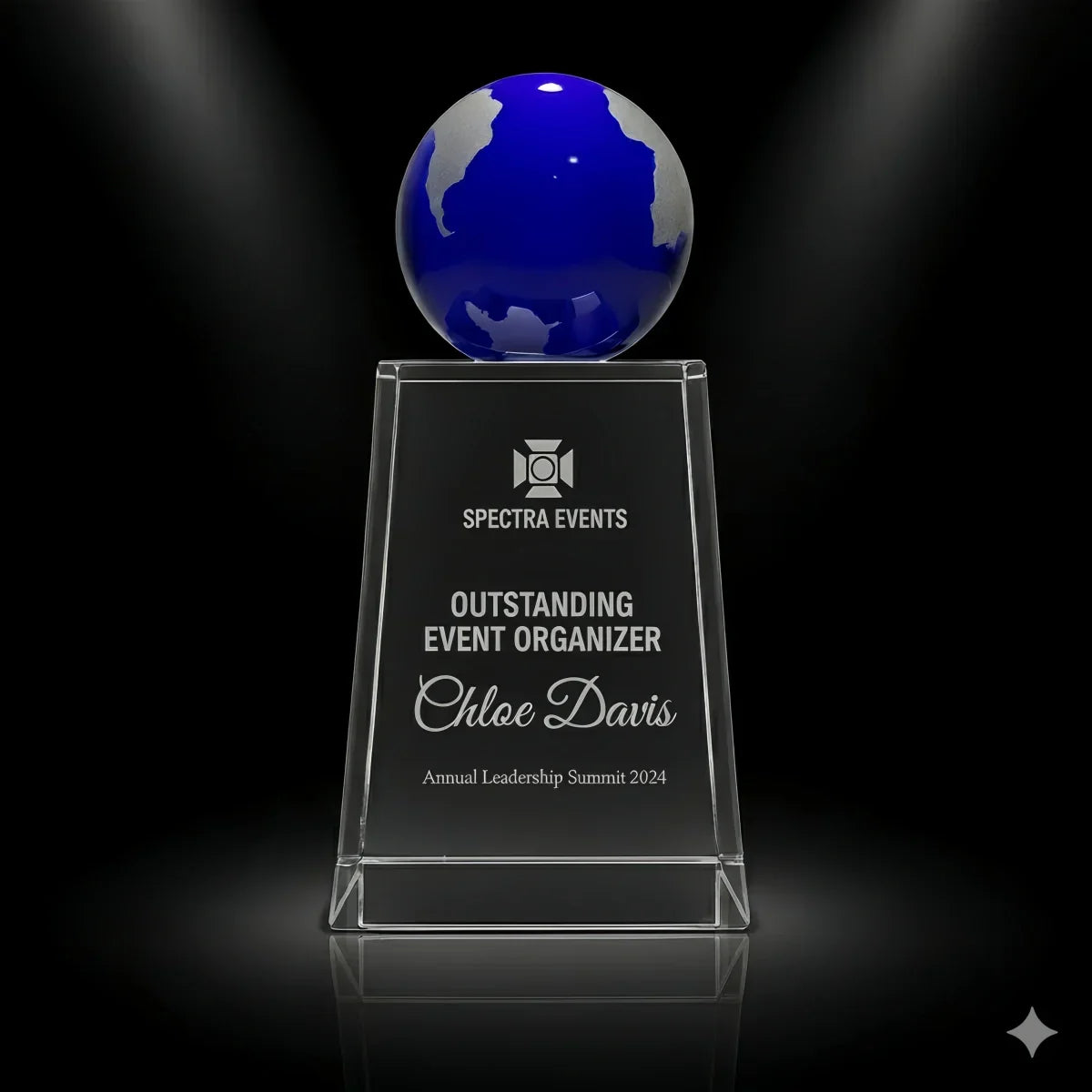 Blue globe crystal award for corporate event recognition and success