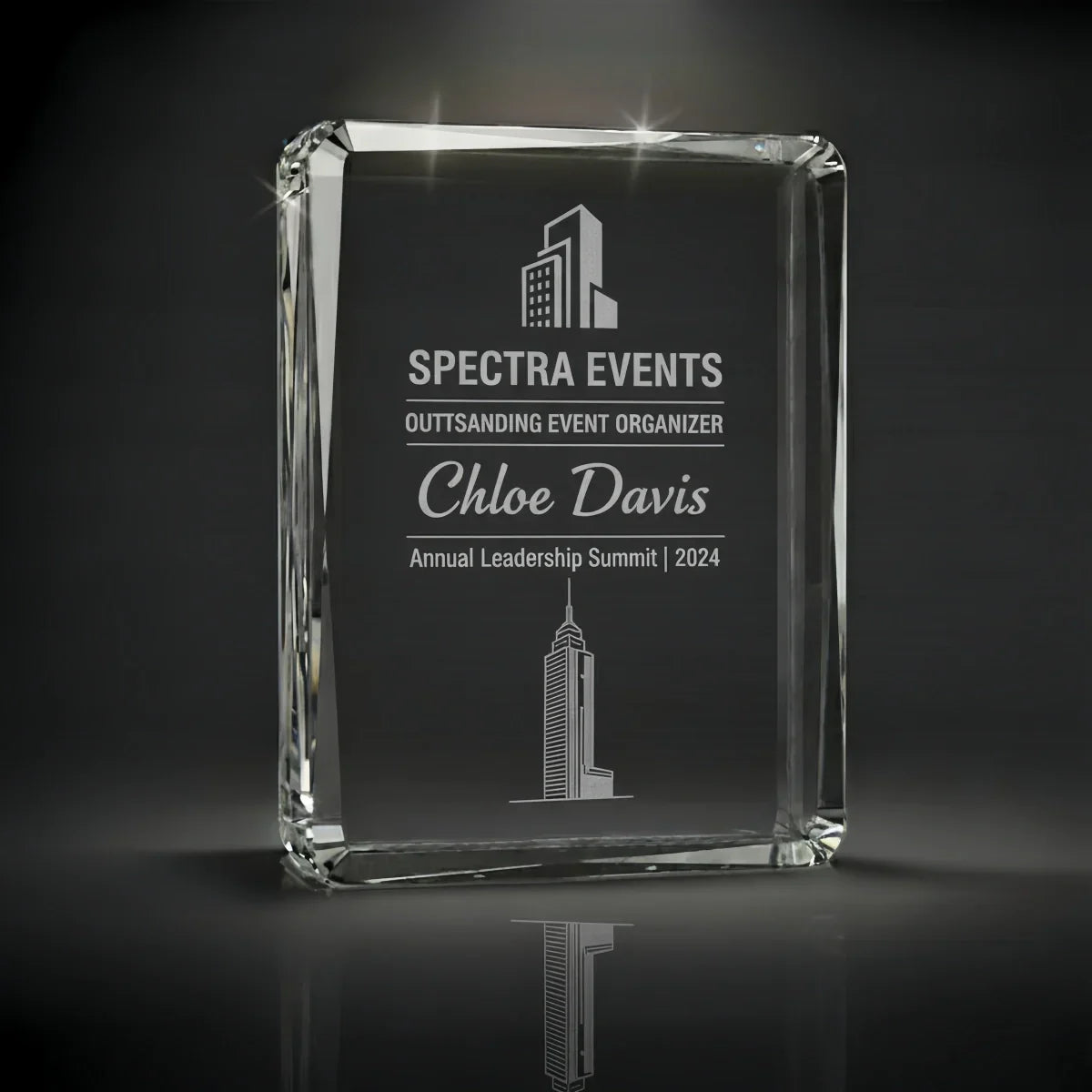 Vertical faceted crystal plaque for corporate event recognition