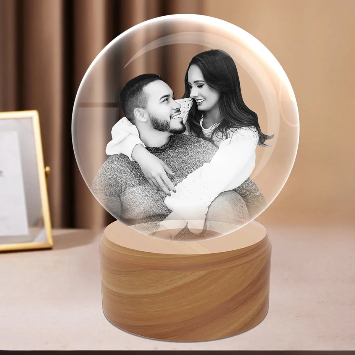 Large 3D photo crystal ball on wooden LED base – warm lighting, custom engraving, made in Australia