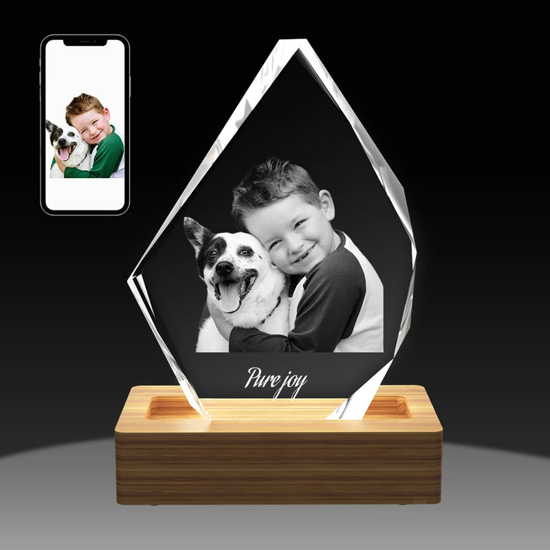 Personalized large glass frame with 3D laser photo and abstract iceberg shape. Shop online.