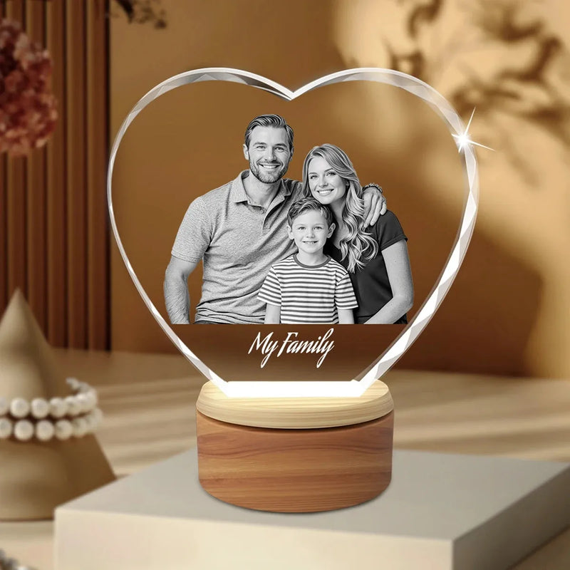 Large crystal heart with diamond-cut design and custom photo. Order online with free shipping in Australia.