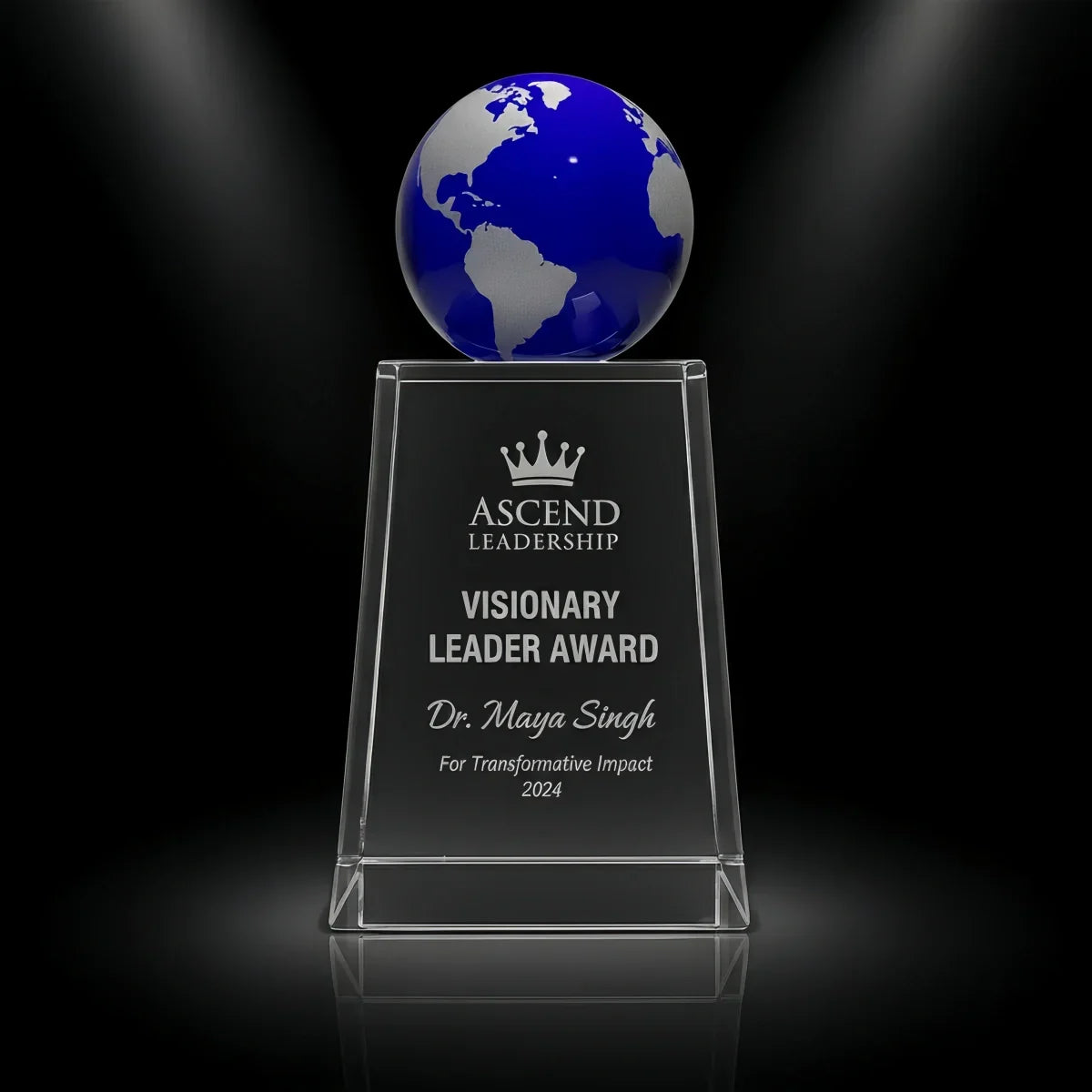 Custom blue crystal globe award recognizing outstanding leaders