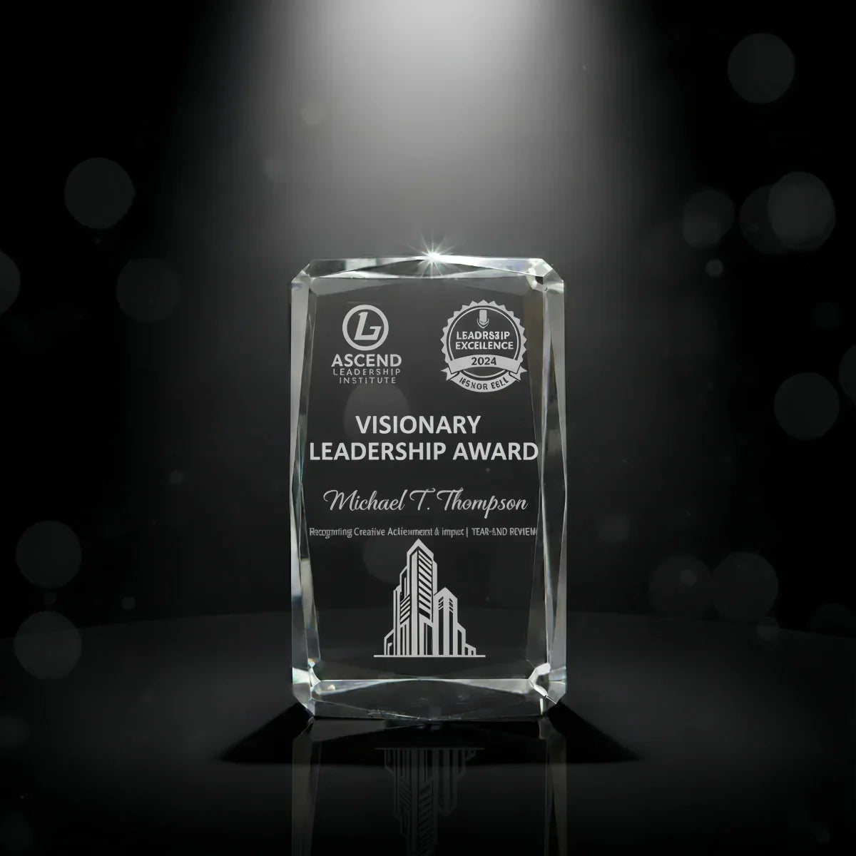 Diamond-cut faceted crystal trophy for leadership recognition