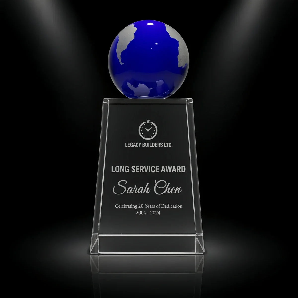 Blue globe crystal long service plaque celebrating employee dedication